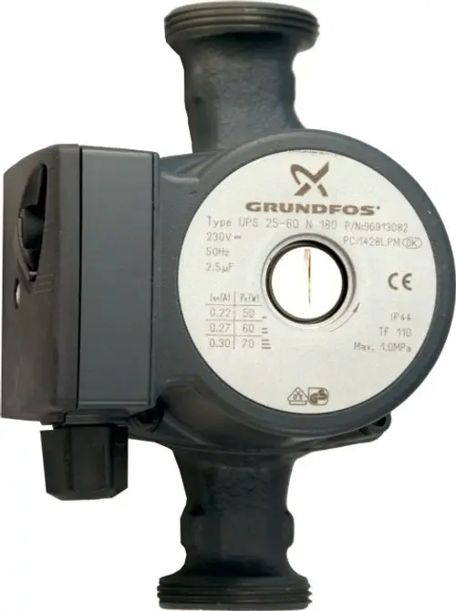 Pumpe mit Anschlussmöglichkeiten, hergestellt von Grundfos. Die Abbildung zeigt eine kompakte Bauform mit klaren technischen Angaben zur Leistung und den elektrischen Spezifikationen.